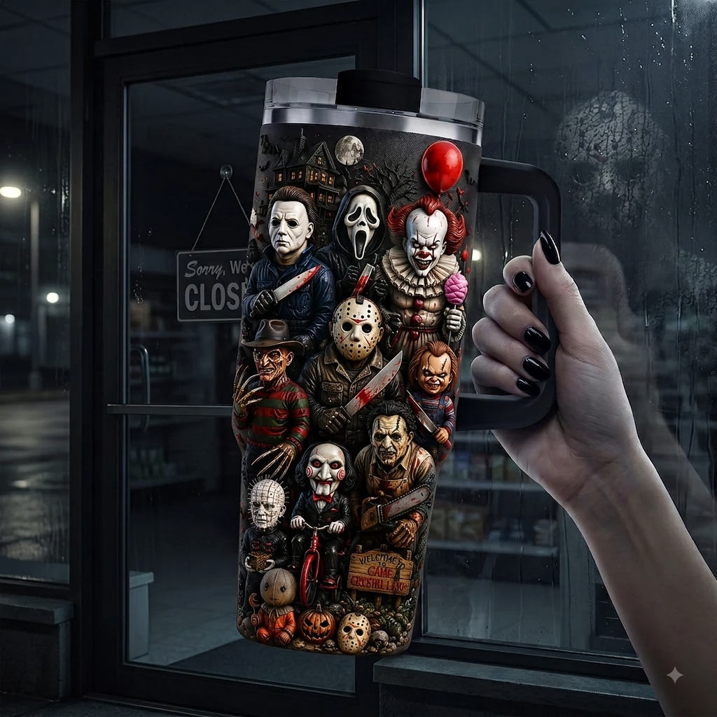 Horror Characters Are Watching You Tumbler With Handle